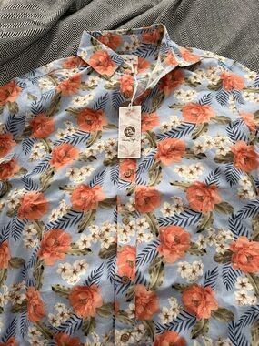 Panama Jack Light Blue Short-Sleeve Floral Button-Down Shirt with Orange Blooms